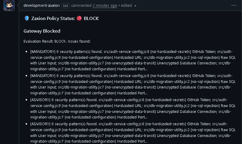 Zaxion proof: blocked pull request with secret leak and security policy violations